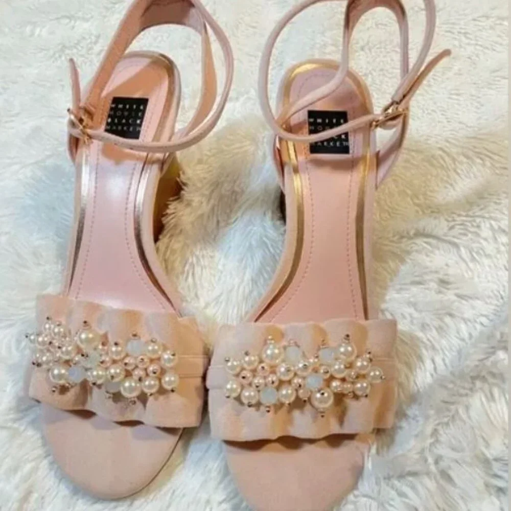 White House Black Market Maci Pale Peach Pearl Embellished Heels - Picture 1 of 5